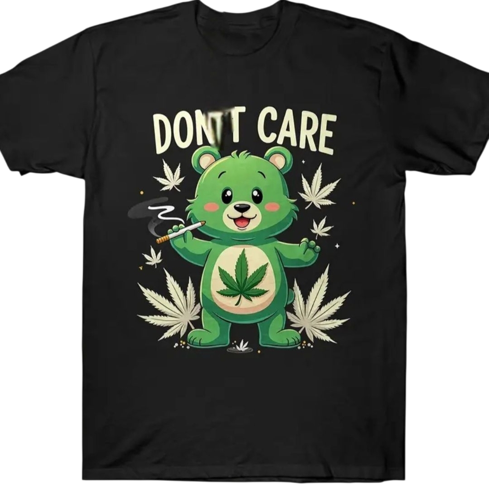 Dont Care Care Bear Black Graphic T-Shirt With Special Leaf
